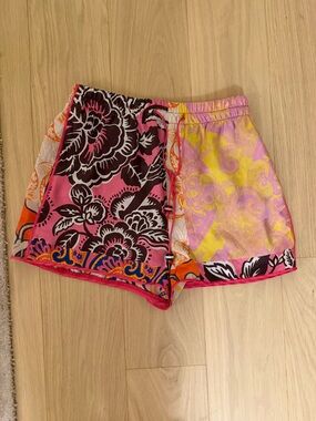 Zara Patchwork-Style Silk Like Shorts in Orange & Pink